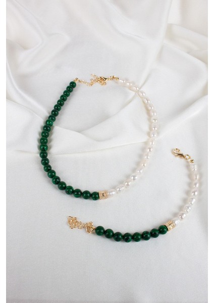 Malahit Taşlı Gerçek Inci Kolye Bileklik Set indirimleri