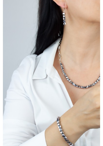 Küp Kristal Gümüş Zincir Kolye Bileklik Küpe Set