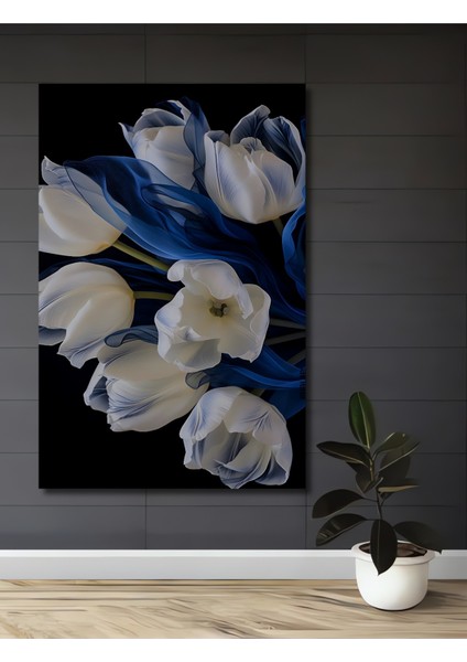 Beyaz Lale ve Mavi Rüyalar Yağlı Boya Görünümlü Ahşap Dekoratif Tablo Dikdörtgen Tablo