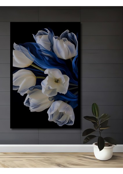 Beyaz Lale ve Mavi Rüyalar Yağlı Boya Görünümlü Ahşap Dekoratif Tablo Dikdörtgen Tablo fiyatları