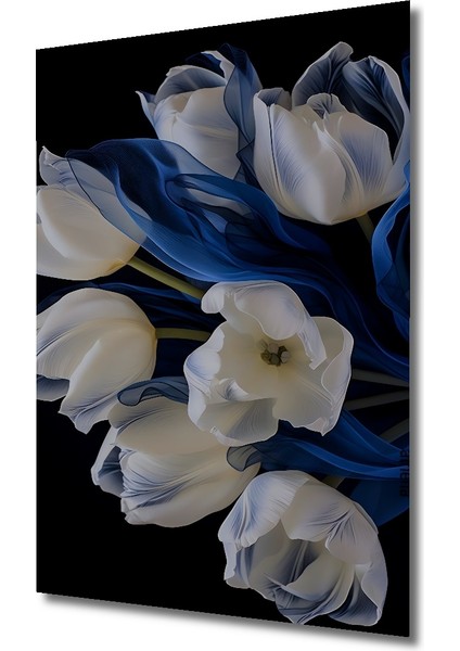 Beyaz Lale ve Mavi Rüyalar Yağlı Boya Görünümlü Ahşap Dekoratif Tablo Dikdörtgen Tablo modelleri