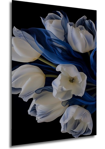 Beyaz Lale ve Mavi Rüyalar Yağlı Boya Görünümlü Ahşap Dekoratif Tablo Dikdörtgen Tablo fırsatları