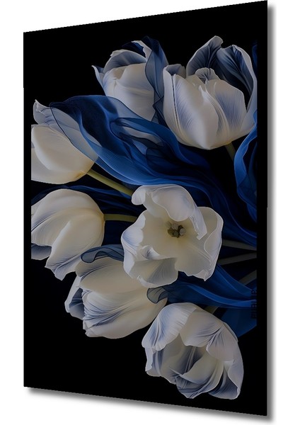 Beyaz Lale ve Mavi Rüyalar Yağlı Boya Görünümlü Ahşap Dekoratif Tablo Dikdörtgen Tablo indirimleri
