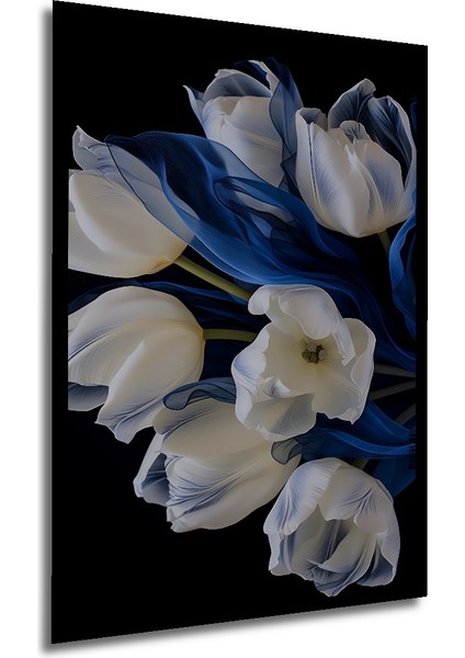 Beyaz Lale ve Mavi Rüyalar Yağlı Boya Görünümlü Ahşap Dekoratif Tablo Dikdörtgen Tablo