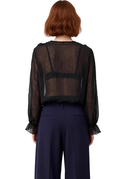 Kadın Şifon Bluz Kırışık Görünümlü V Yaka Fırfırlı Uzun Kollu Zarif Gömlek Stili Dayanıklı fiyatları