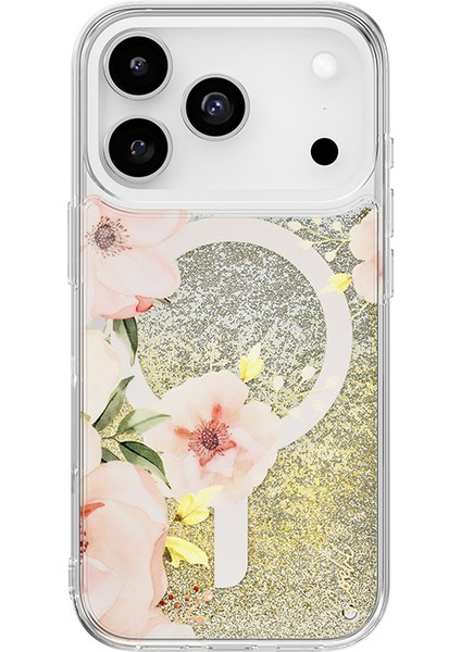 iPhone 17 Pro Uyumlu Kılıf M-Safe Özellikli Çiçek Desenli Simli Coehl Fleurette Kapak Gold