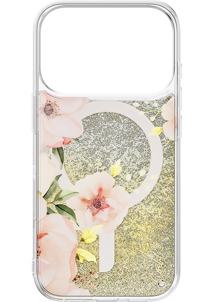 iPhone 17 Pro Uyumlu Kılıf M-Safe Özellikli Çiçek Desenli Simli Coehl Fleurette Kapak Gold fiyatları