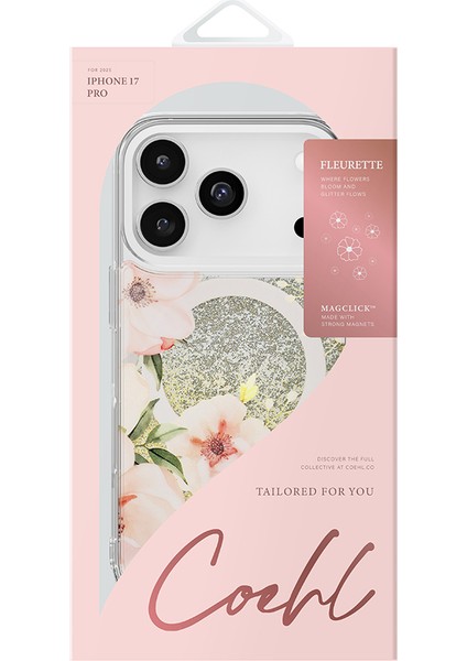 iPhone 17 Pro Uyumlu Kılıf M-Safe Özellikli Çiçek Desenli Simli Coehl Fleurette Kapak Gold indirimleri