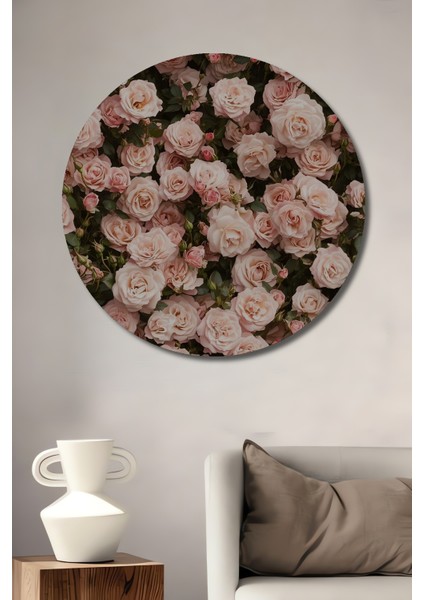Romantik Gül Bahçesi Yağlı Boya Görünümlü Ahşap Dekoratif Tablo Yuvarlak Tablo