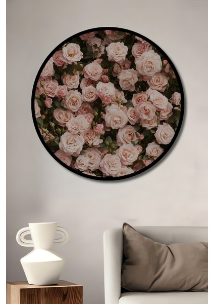 Romantik Gül Bahçesi Yağlı Boya Görünümlü Ahşap Dekoratif Tablo Yuvarlak Tablo fiyatları