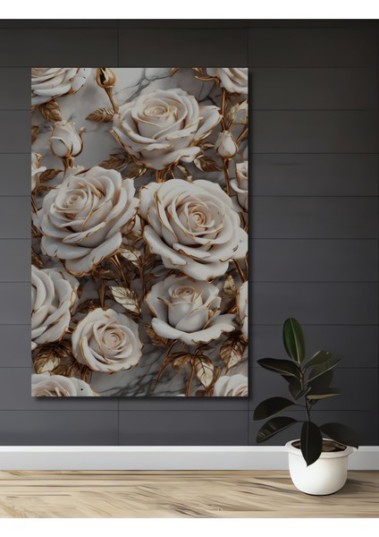 Altın Yaldızlı Beyaz Gül Sürreal Modern Sanat Dekoratif Ahşap Tablo Dikdörtgen Tablo