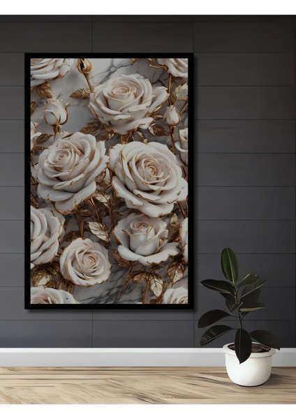 Altın Yaldızlı Beyaz Gül Sürreal Modern Sanat Dekoratif Ahşap Tablo Dikdörtgen Tablo fiyatları