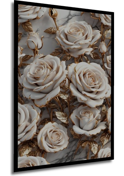 Altın Yaldızlı Beyaz Gül Sürreal Modern Sanat Dekoratif Ahşap Tablo Dikdörtgen Tablo