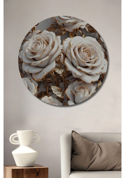 Altın Yaldızlı Beyaz Gül Sürreal Modern Sanat Dekoratif Ahşap Tablo Yuvarlak Tablo