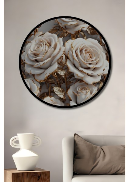 Altın Yaldızlı Beyaz Gül Sürreal Modern Sanat Dekoratif Ahşap Tablo Yuvarlak Tablo fiyatları