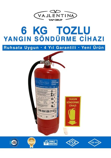 6 kg Kuru Kimyevi Tozlu Yangın Söndürme Cihazı Ruhsata Uygun(Levha-Askı Aparatlı)