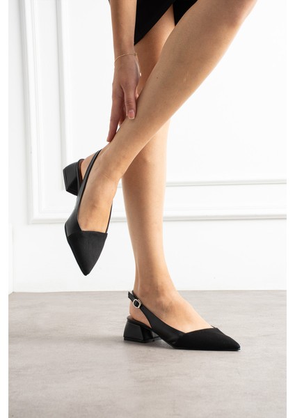 Callista Siyah Mat Önü Siyah Saten Bilek Kemer Detaylı Sivri Burun Kısa Topuklu Kadın Babet modelleri