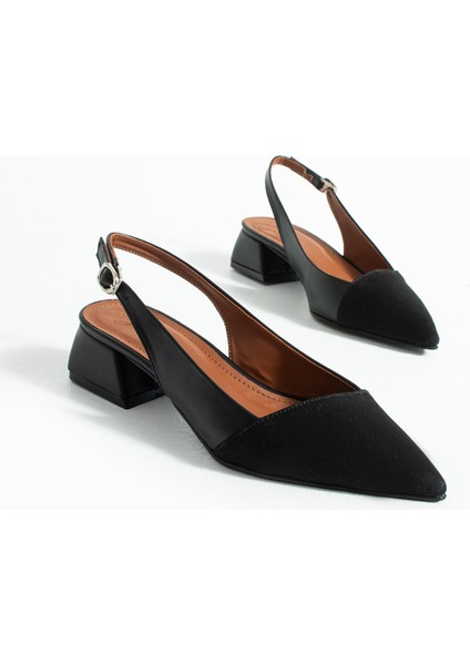 Callista Siyah Mat Önü Siyah Saten Bilek Kemer Detaylı Sivri Burun Kısa Topuklu Kadın Babet