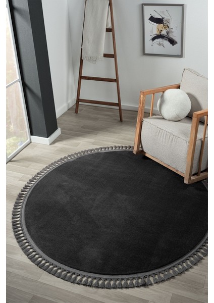 Cloudy Antrasit Yuvarlak Saçaklı Peluş Yumuşacık Yıkanabilir Kaymaz Taban Halı Salon Oturma Odası