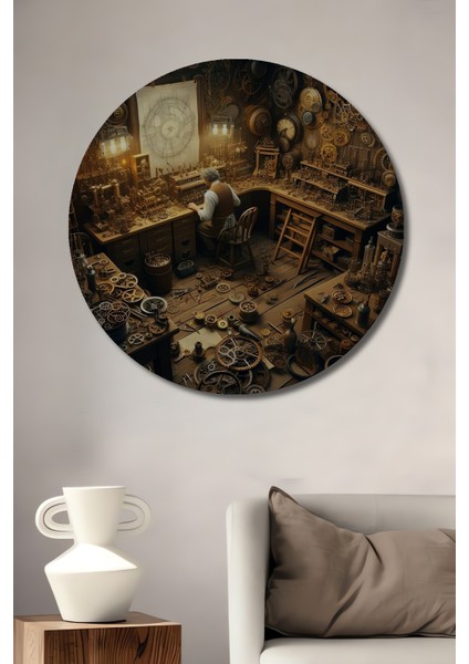 Steampunk Atölyesi Kara Kalem Görünümlü Ahşap Dekoratif Tablo Yuvarlak Tablo