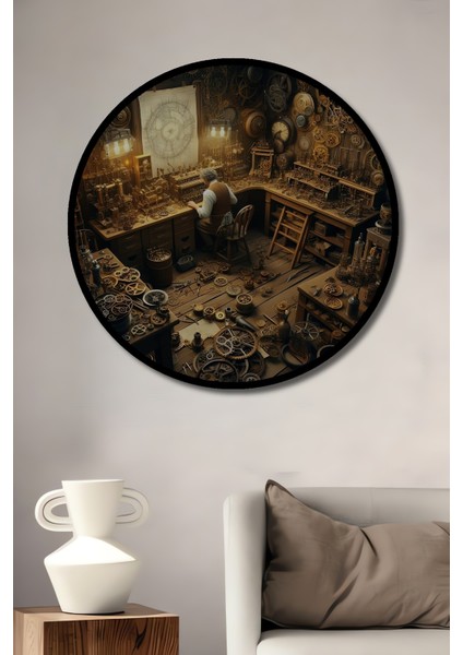 Steampunk Atölyesi Kara Kalem Görünümlü Ahşap Dekoratif Tablo Yuvarlak Tablo fiyatları