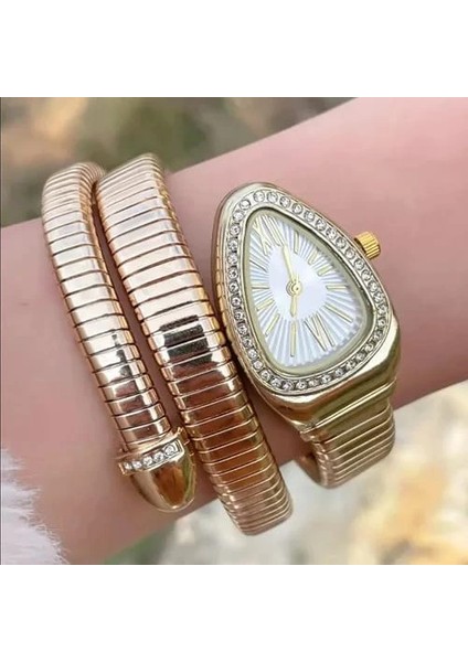 Altın Renk Beyaz Kadran Yılan Saat Dolamalı Saat