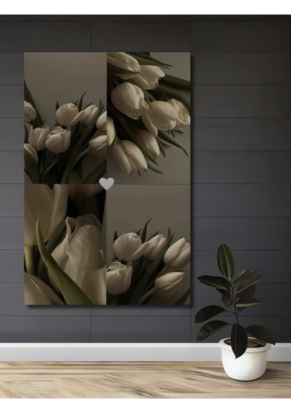 Beyaz Lale Buketi Yağlı Boya Görünümlü Dekoratif Ahşap Tablo Dikdörtgen Tablo