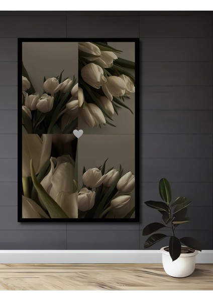 Beyaz Lale Buketi Yağlı Boya Görünümlü Dekoratif Ahşap Tablo Dikdörtgen Tablo fiyatları