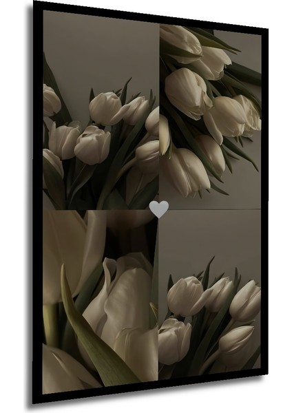 Beyaz Lale Buketi Yağlı Boya Görünümlü Dekoratif Ahşap Tablo Dikdörtgen Tablo