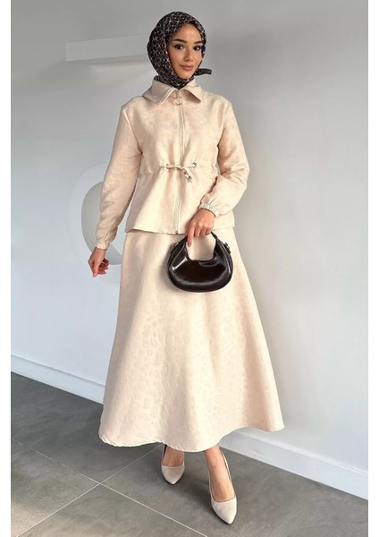 Kendinden Desenli Ceket Bel Lastikli Etek Tesettür Ikili Takım P-00019040