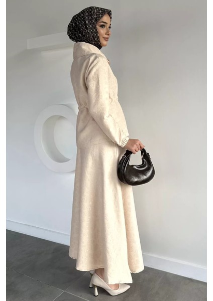 Kendinden Desenli Ceket Bel Lastikli Etek Tesettür Ikili Takım P-00019040 modelleri