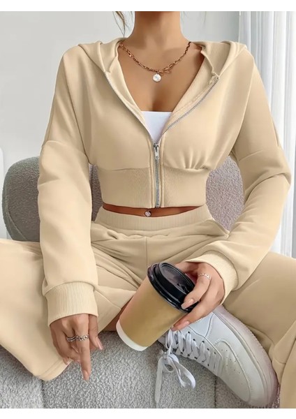 Özel Tasarım Kapüşonlu Tam Fermuarlı %100 Pamuk Kışlık Ispanyol Paça Crop Kadın Eşofman Takımı