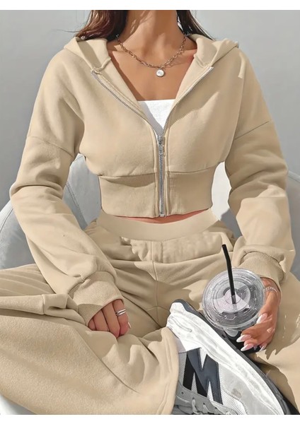 Özel Tasarım Kapüşonlu Tam Fermuarlı %100 Pamuk Kışlık Ispanyol Paça Crop Kadın Eşofman Takımı fiyatları