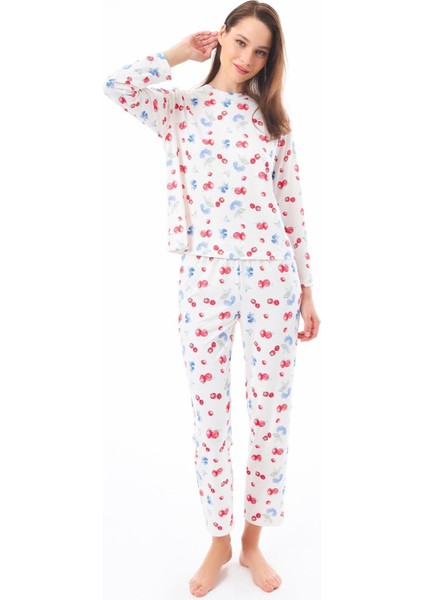 Premium Kadın Pijama Takımı Meyve Desenli Yumuşak Dokulu Bisiklet Yaka Uzun Kollu