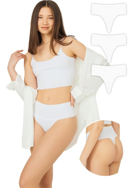 Lazer Kesim Esnek Iz Yapmayan Yüksek Bel Tanga 3'lü Paket Külot - 4