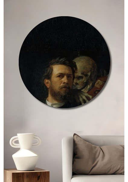 Kara Kalem Görünümlü Ölüm ve Sanatçı Ahşap Dekoratif Tablo Yuvarlak Tablo