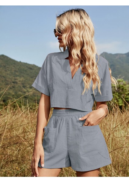 Yaka Detaylı Şortlu İkili Takım