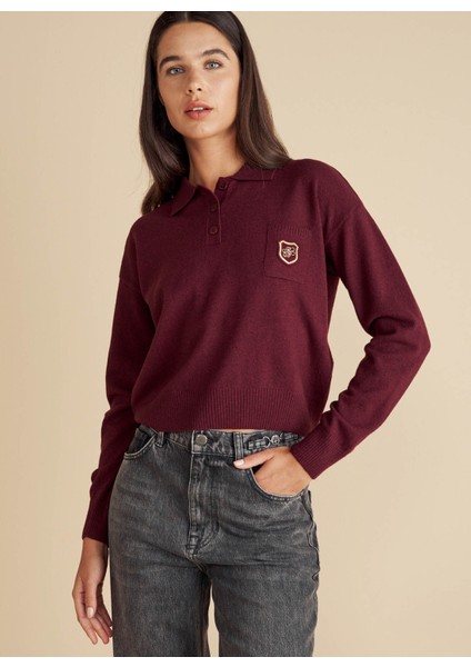 Polo Yaka Standart Bordo Kadın Kazak Polo Yaka Peçli Yün Kazak