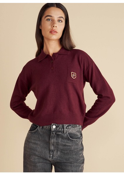 Polo Yaka Standart Bordo Kadın Kazak Polo Yaka Peçli Yün Kazak fiyatları