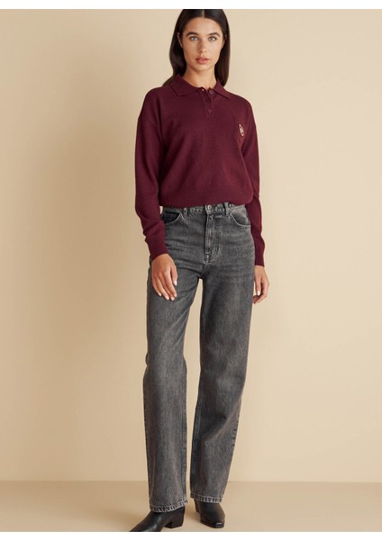 Polo Yaka Standart Bordo Kadın Kazak Polo Yaka Peçli Yün Kazak modelleri