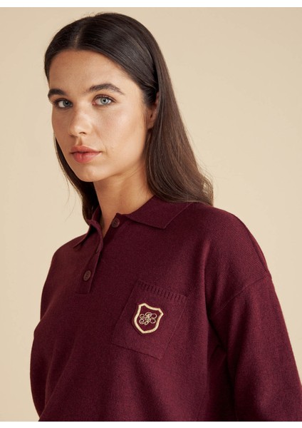 Polo Yaka Standart Bordo Kadın Kazak Polo Yaka Peçli Yün Kazak fırsatları