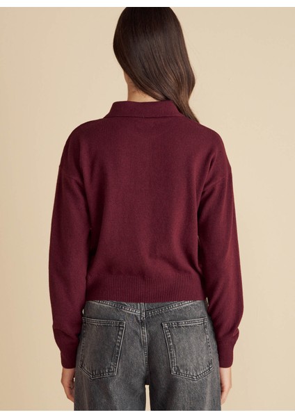 Polo Yaka Standart Bordo Kadın Kazak Polo Yaka Peçli Yün Kazak indirimleri