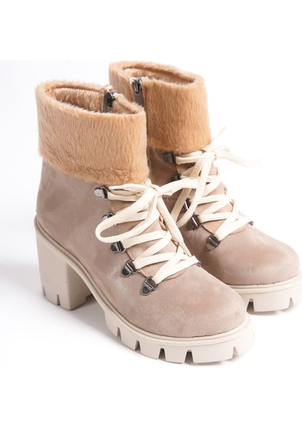 Joss Bağcıklı Fermuarlı Ortopedik Taban Topuklu Kürk Detaylı Süet Kadın Bot Tt Ten