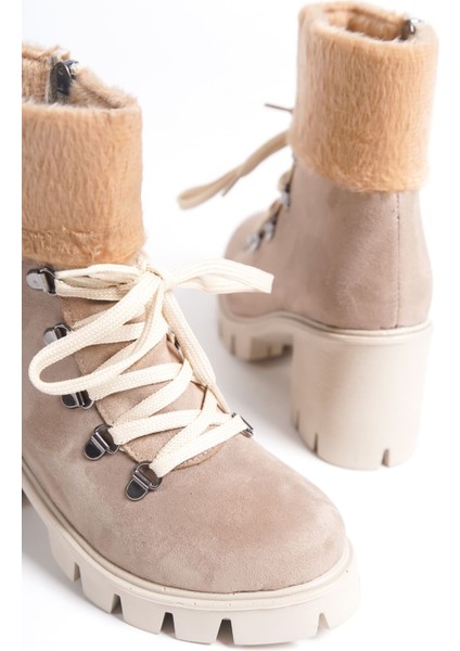 Joss Bağcıklı Fermuarlı Ortopedik Taban Topuklu Kürk Detaylı Süet Kadın Bot Tt Ten fiyatları