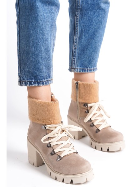 Joss Bağcıklı Fermuarlı Ortopedik Taban Topuklu Kürk Detaylı Süet Kadın Bot Tt Ten fırsatları