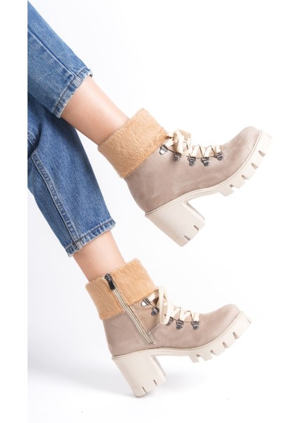 Joss Bağcıklı Fermuarlı Ortopedik Taban Topuklu Kürk Detaylı Süet Kadın Bot Tt Ten indirimleri