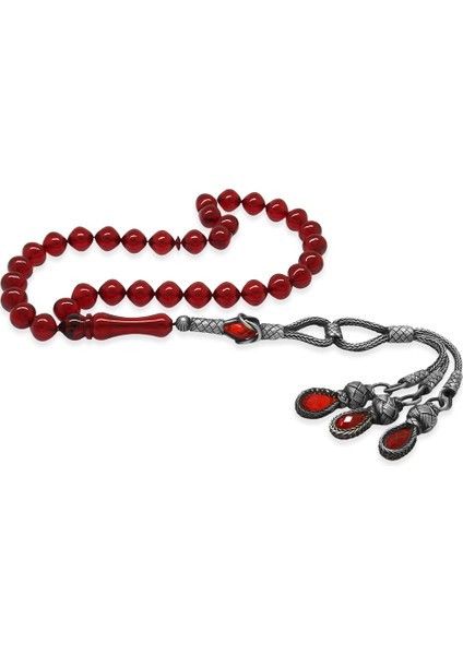 1000 Ayar Gümüş Kazaz Püsküllü Istanbul Kesim Bayrak Kırmızı Ateş Kehribar Tesbih