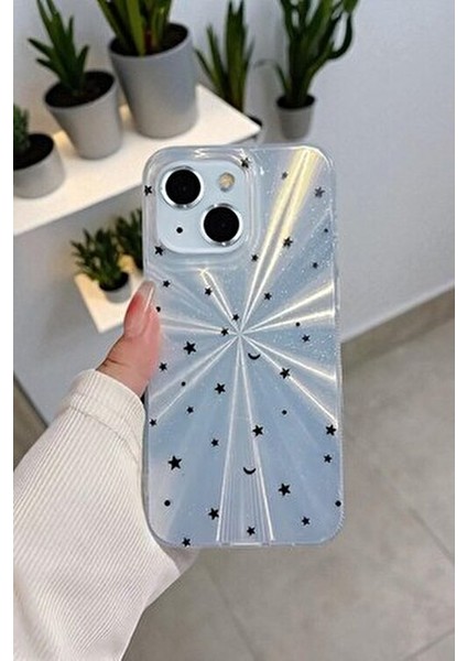 Apple iPhone 13/14 Uyumlu – Mavi Yıldız Patlaması Desenli Parlak Şeffaf Silikon Kılıf