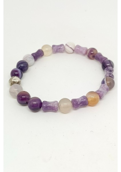 Silindir Kesim Gümüş Aksesuarlı Farklı Tonlu Ametist Doğal Taşlı Bileklik