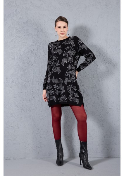 Kadın Siyah Yan Yırtmaçlı Bisiklet Yaka Sim Desenli Triko Bluz